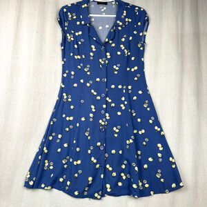 YESSICA | Summer Dress Size Small Fit and Flare Blue with Lemons Button-Up